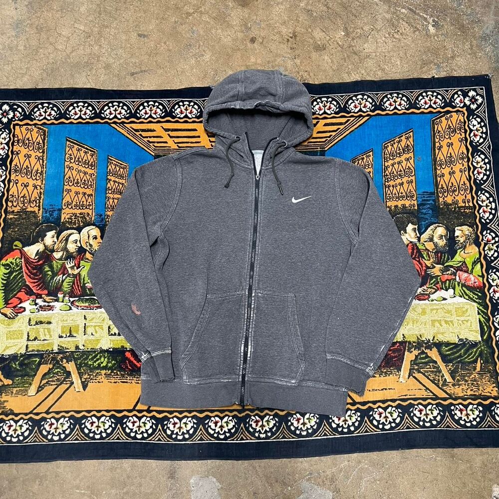 Grey Nike Zip up hoodie size large distressed painted y2k skater streetwear punk